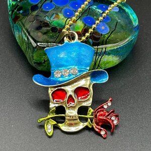 Grinning Skull with Rose and Top Hat Skeleton Necklace / Pendant #866 (blue hat)